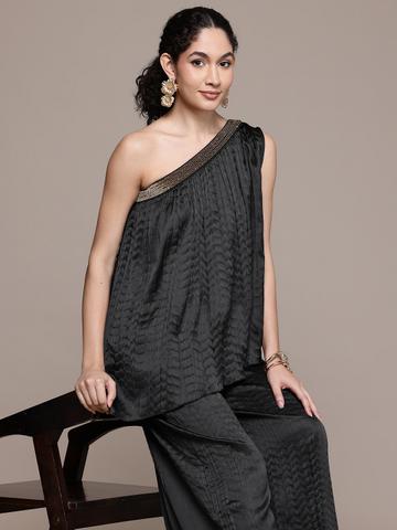 aarke Ritu Kumar Pleated Satin Finish One-Shoulder Fusion Kurti with Palazzos