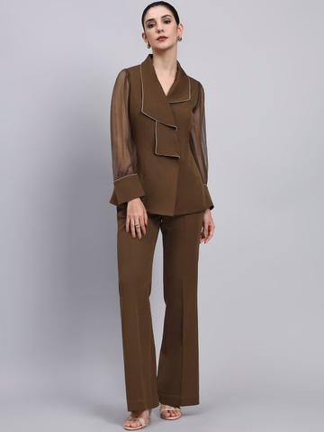 PowerSutra Double Collar Top With Contrast Piping & Flared Trousers Co-Ords