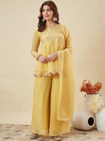 MOKOSH Ethnic Motifs Embroidered Thread Work Pure Silk Kurti with Palazzos & Dupatta