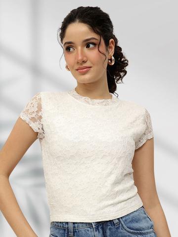The Roadster Lifestyle Co Self-Design Round Neck Cropped Lace Top