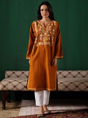 Kashmir Box Kashmiri Aari Embroidered Mustard Cashmilion Round-Neck Phiran, Winter Kurta