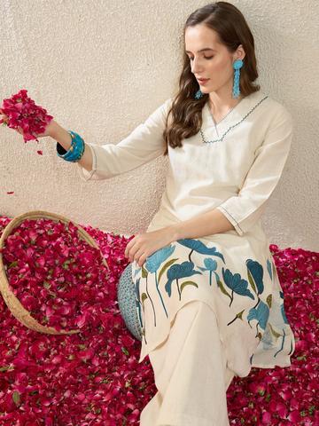 Indo Era Women Floral Embroidered Regular Thread Work Pure Cotton Kurta with Palazzos