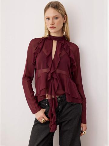 Trendyol Women Solid Ruffles Tie-Up Neck Long Sleeves Top
