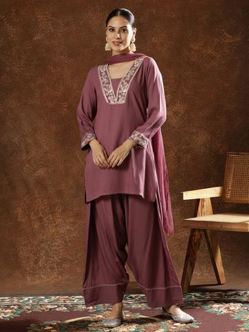 Anouk Embroidered V-Neck Thread Work Straight Kurta Farshi Salwar with Dupatta