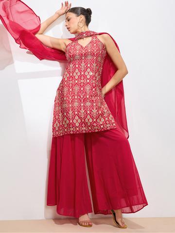 Saanjh Women Ethnic Motifs Embroidered Regular Mirror Work Kurta with Palazzos & Dupatta