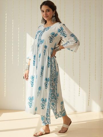 Indo Era Floral Printed Empire V-Neck Pure Cotton A-Line Kurta with Trousers