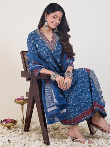 Indo Era Ethnic Motifs Printed Panelled Pure Cotton Kurta With Trousers & Dupatta