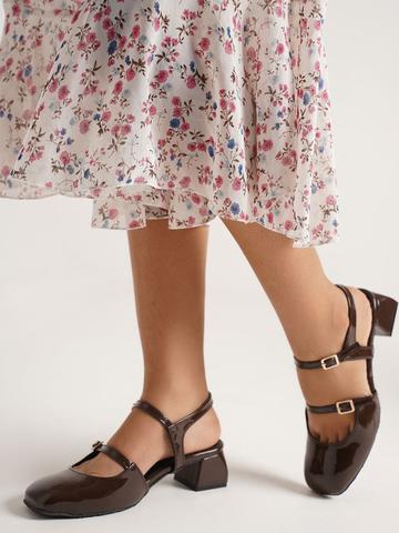JM Looks Embellished Glossy Double Strap Mary Jane Slingback Block Heels