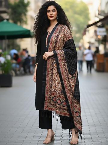 AADVIKA V-Neck Long Sleeves Straight Kurta With Trousers & Dupatta