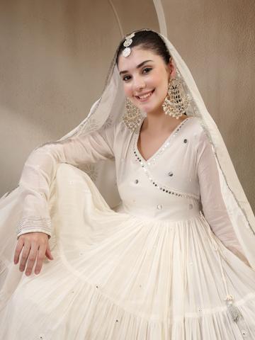 GULMOHAR JAIPUR Ethnic Motifs Tiered Mirror Work Pure Cotton Kurta With Palazzos & Dupatta
