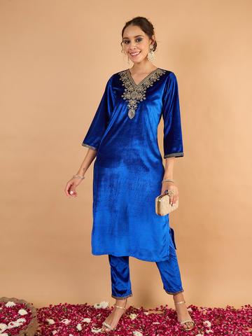 Shae by SASSAFRAS Women Velvet Ethnic Motifs Embroidered Kurta with Trousers