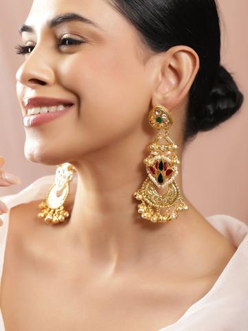 Rubans 22K Gold-Plated White, Green & Pink Kundan Stone and Pearl Beads Long Drop Earrings