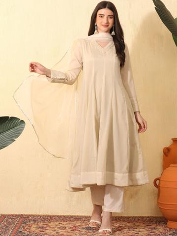 Sangria Women Tiered Thread Work Kurta with Trousers & With Dupatta
