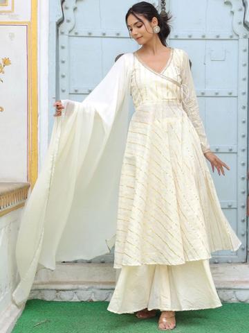 PRIYANKA CHOUDHARY Striped Angrakha Pure Cotton Anarkali Kurta With Palazzos & Dupatta
