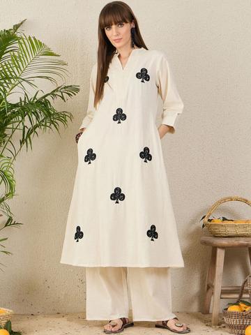 Indo Era Floral Embroidered Mandarin Collar Thread Work Pure Cotton A-Line Kurta & Palazzo