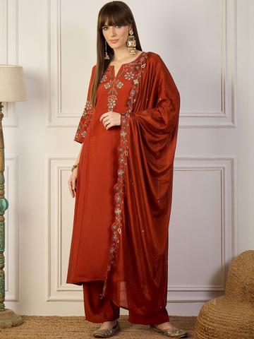 VredeVogel Women Floral Embroidered Kurta with Trousers & Dupatta