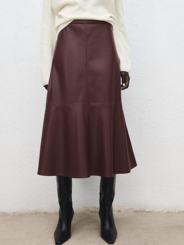 MANGO Mid-Rise Faux Leather Flared Midi Skirt