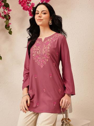 QAZMI Bahar Kashmiri Resham Work Viscose Rayon A-Line Kurti