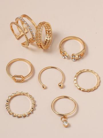 Zaphariq Set Of 8 Gold-Plated Crystals Studded Adjustable Finger Rings