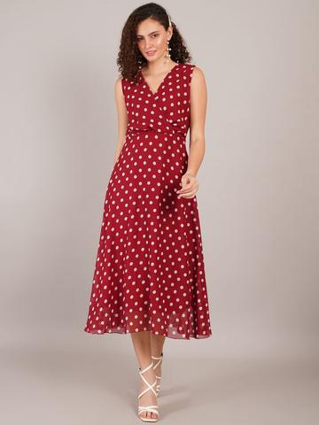 Curvydrobe Women Polka Dots Printed Georgette Midi Dress