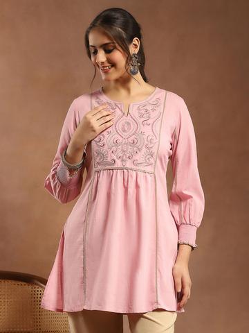 Nayam By Lakshita Ethnic Motifs Embroidered Thread Work Cotton Linen Thread Work Kurti