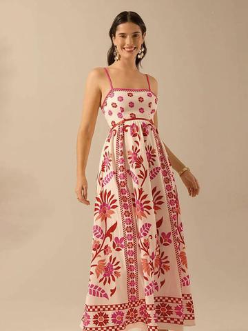 LULU & SKY Floral Print Shoulder Straps Smocked Fit & Flare Maxi Dress