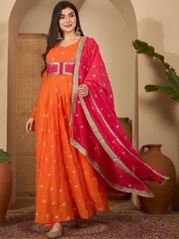 Sangria Floral Printed Empire Sequinned Anarkali Kurta with Trousers & Dupatta