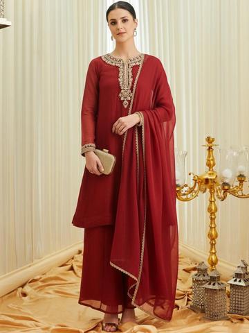 MOKOSH Women Silk Embroidered Anarkali Kurta With Palazzo And Dupatta Set