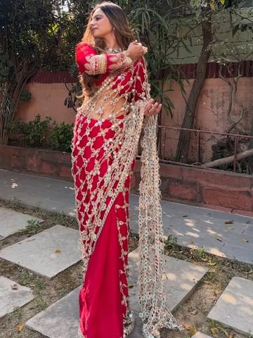 KALINI Embellished Mirror Work Silk Blend Heavy Work Saree