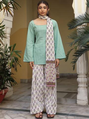 anayna Women Ethnic Motifs Striped Regular Pure Cotton Kurti with Palazzos & With Dupatta