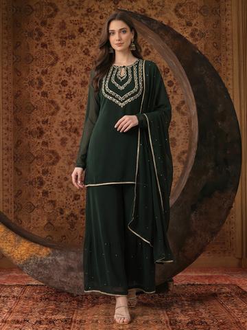 House of Pataudi Women Jashn Embroidered Sequinned Kurti with Palazzos & Dupatta
