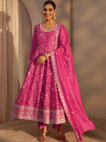 Libas Women Floral Embroidered Pleated Kurta with Trousers & With Dupatta