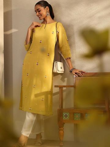 Libas Women Ethnic Motifs Embroidered Keyhole Neck Thread Work Chanderi Cotton Kurta