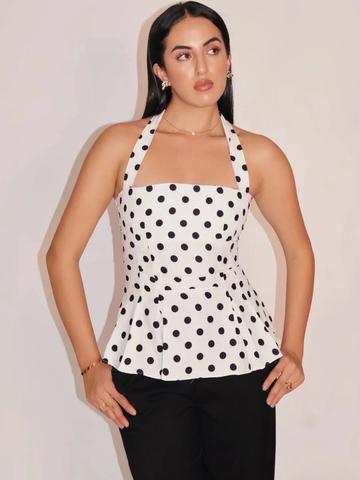 SELECT STAPLES Polka Dot Print Halter Neck Peplum Top