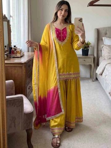 The Loomira Women Ethnic Motifs Embroidered Regular Gotta Patti Kurta with Sharara & With Dupatta