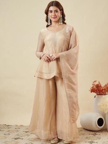 MOKOSH Women Silk Embroidered Kurta And Sharara Set With Dupatta