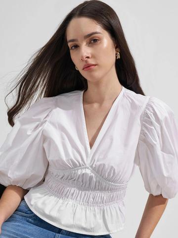 Tokyo Talkies Puff Sleeve Smocked Cotton Top