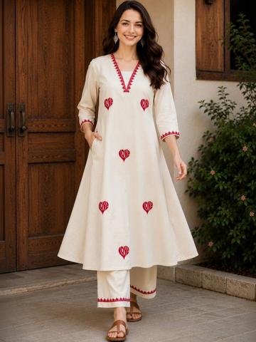 HIVA TRENDZ Women Ethnic Motifs Embroidered Regular Thread Work Pure Cotton Kurta with Palazzos