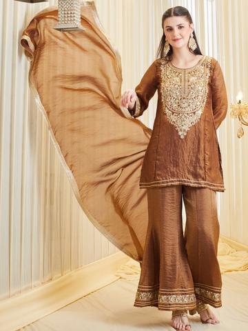 Colors of Earth Women Embroidered Regular Thread Work Pure Silk Kurti with Palazzos & With Dupatta