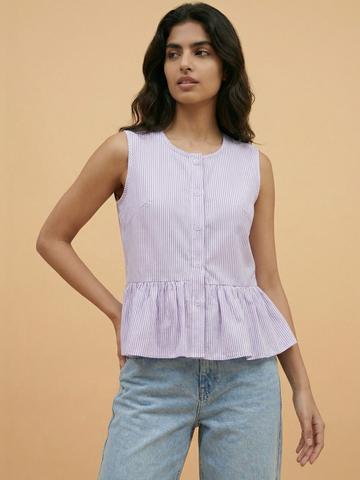 QIOA Striped Cotton Blend Peplum Top