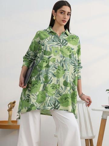 Libas Women Green Printed Cotton Straight Shirt