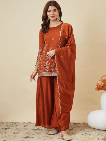 Colors of Earth Ethnic Motifs Embroidered Pure Silk Kurta With Palazzos & Dupatta