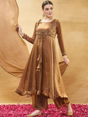 Colors of Earth Silk Embroidered Beadswork Anarkali Kurta Palazzo Set With Dupatta