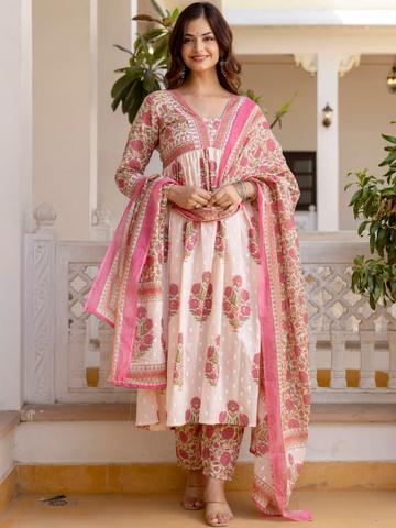 ANGIRA JAIPUR Women Floral Printed Empire Pure Cotton Kurta with Trousers & With Dupatta