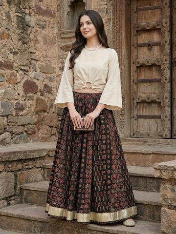 KALINI Printed Pure Cotton Maxi A-Line Skirts