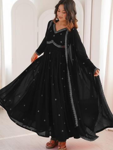 HERE&NOW Women Ethnic Motifs Embroidered Pleated Thread Work Kurta with Trousers & With Dupatta