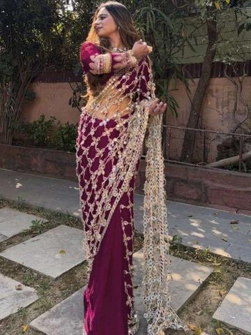 Moda Rapido Embellished Mirror Work Silk Blend Heavy Work Saree