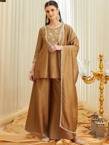 Colors of Earth Women Embroidered Thread Work Pure Silk Kurta with Palazzos & With