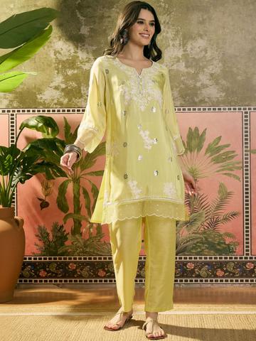 Sangria Embroidered Round Neck Kurta & Trousers Kurta Set
