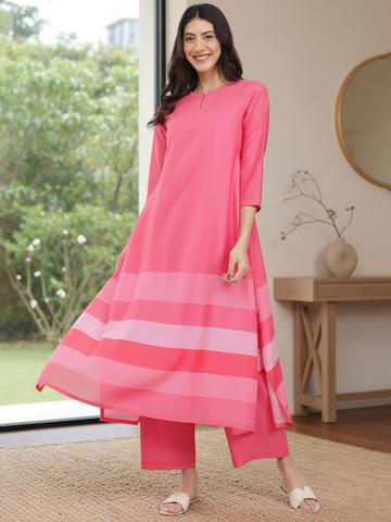 Pink Fort Striped Pure Cotton Kurta with Trouser